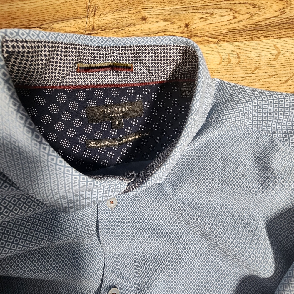 Ted Baker Men's Dense Geo Pattern Blue Casual Shirt, Size L - 4 Long Sleeves - Picture 9 of 15